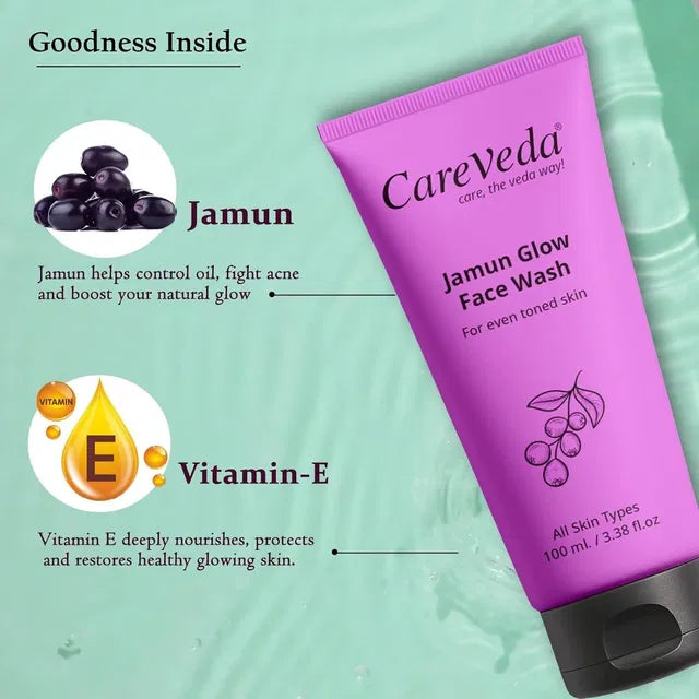Purple Careveda Jamun Glow face wash tube with Vitamin E graphic