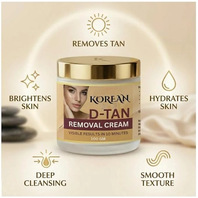 Face cream jar with gold cap labeled D-TAN removal cream, 100 GM