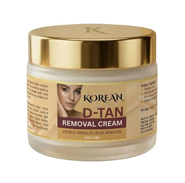 Gold-lidded face cream jar labeled Korean D-TAN removal cream, 100 GM