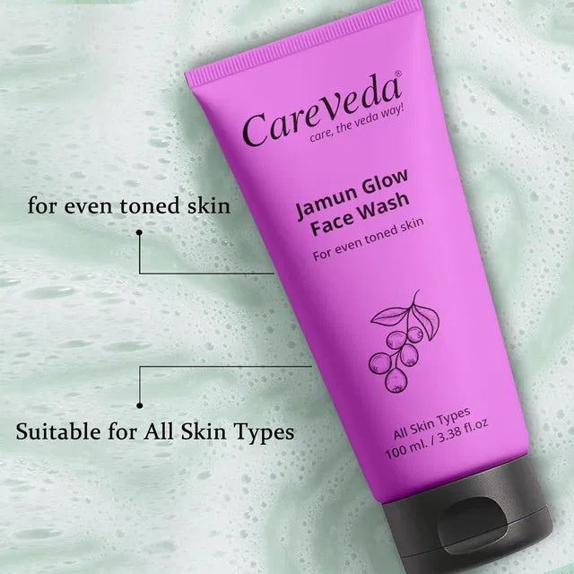 Purple Careveda Jamun Glow face wash tube, front and side label view